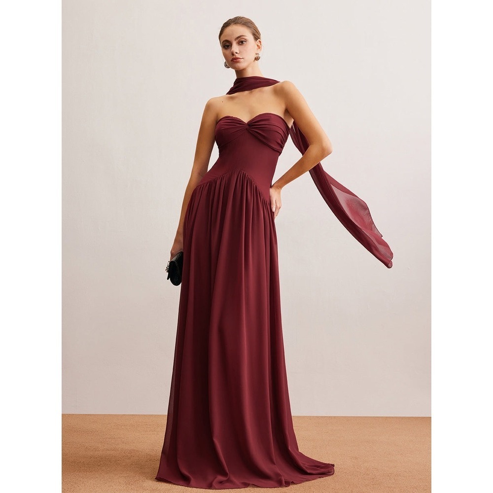 Commense Semi-Sheer Ruched Long-Ribbon Tube Dress red size M/6
